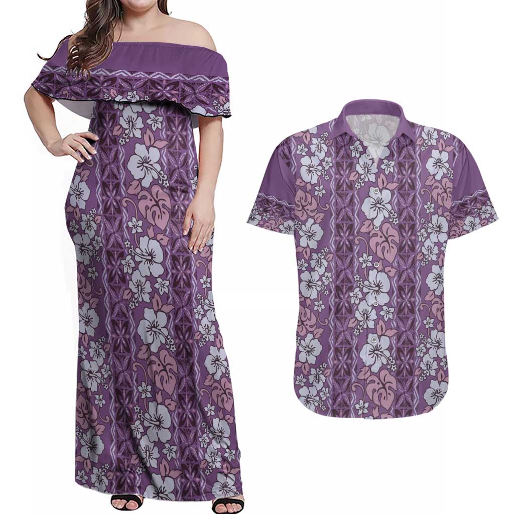 Hawaii Vintage Violet Hibiscus Tapa Pattern Couples Matching Off Shoulder Maxi Dress and Hawaiian Shirt