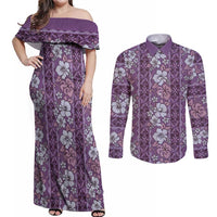 Hawaii Vintage Violet Hibiscus Tapa Pattern Couples Matching Off Shoulder Maxi Dress and Long Sleeve Button Shirt LT05 Violet - Polynesian Pride