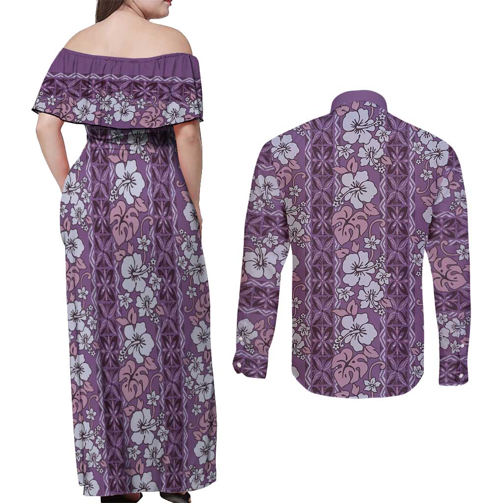 Hawaii Vintage Violet Hibiscus Tapa Pattern Couples Matching Off Shoulder Maxi Dress and Long Sleeve Button Shirt LT05 - Polynesian Pride