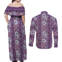 Hawaii Vintage Violet Hibiscus Tapa Pattern Couples Matching Off Shoulder Maxi Dress and Long Sleeve Button Shirt LT05 - Polynesian Pride
