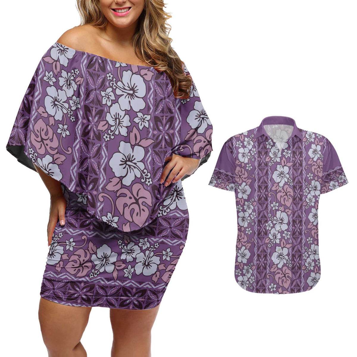 Hawaii Vintage Violet Hibiscus Tapa Pattern Couples Matching Off Shoulder Short Dress and Hawaiian Shirt LT05 Violet - Polynesian Pride