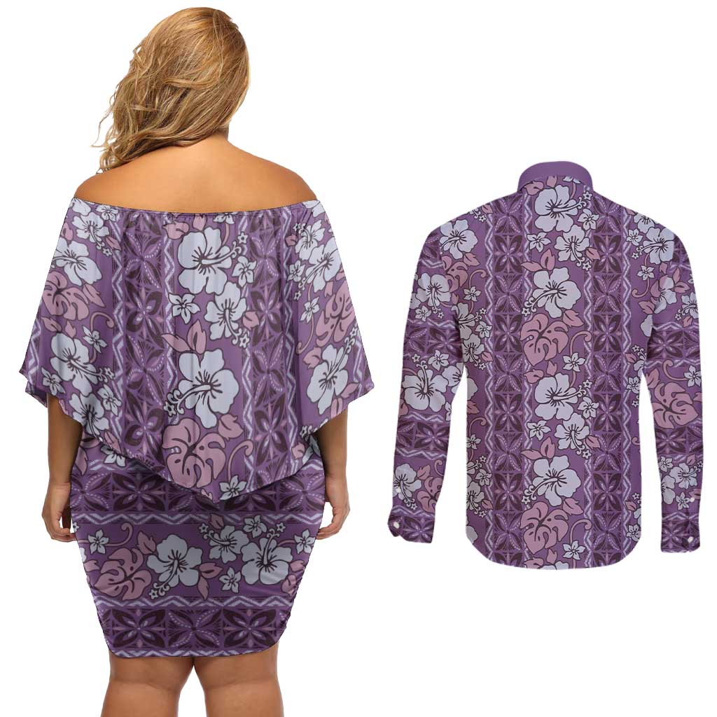 Hawaii Vintage Violet Hibiscus Tapa Pattern Couples Matching Off Shoulder Short Dress and Long Sleeve Button Shirt LT05 - Polynesian Pride