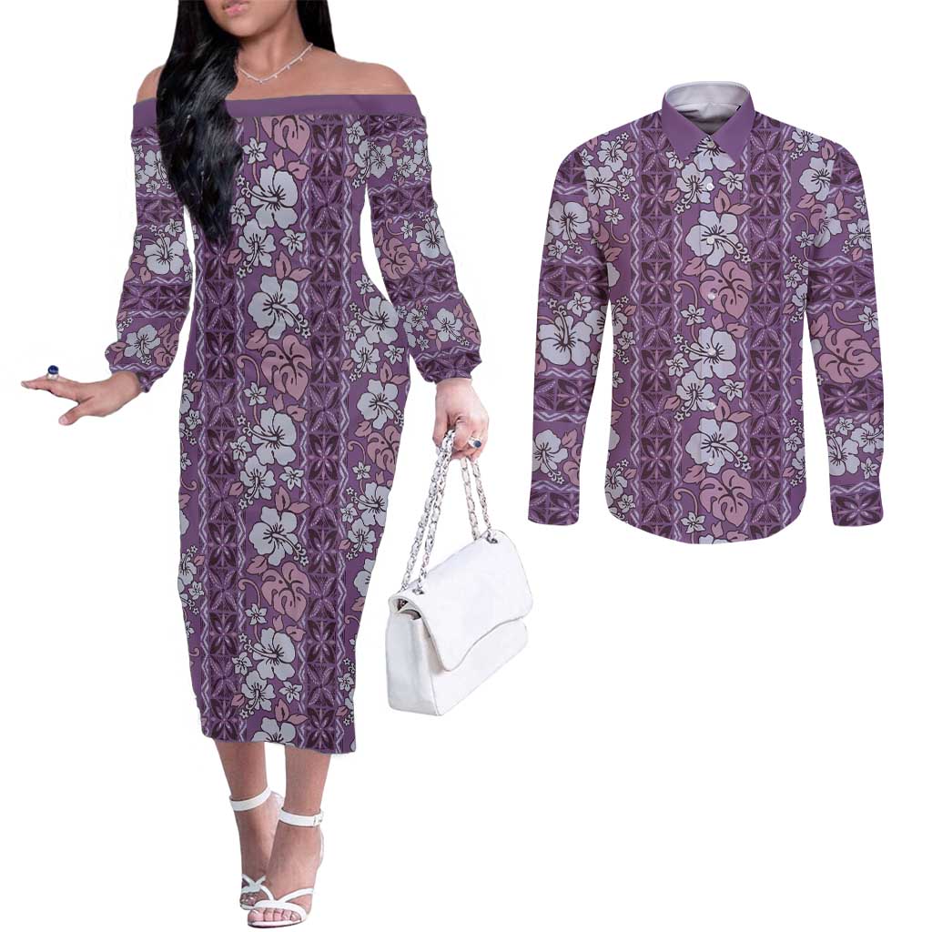 Hawaii Vintage Violet Hibiscus Tapa Pattern Couples Matching Off The Shoulder Long Sleeve Dress and Long Sleeve Button Shirt LT05 Violet - Polynesian Pride