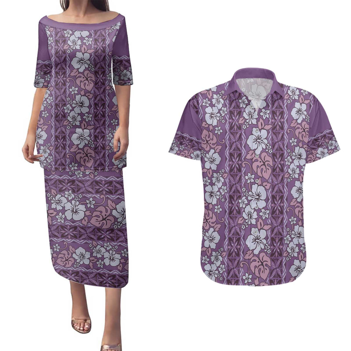Hawaii Vintage Violet Hibiscus Tapa Pattern Couples Matching Puletasi and Hawaiian Shirt LT05 Violet - Polynesian Pride