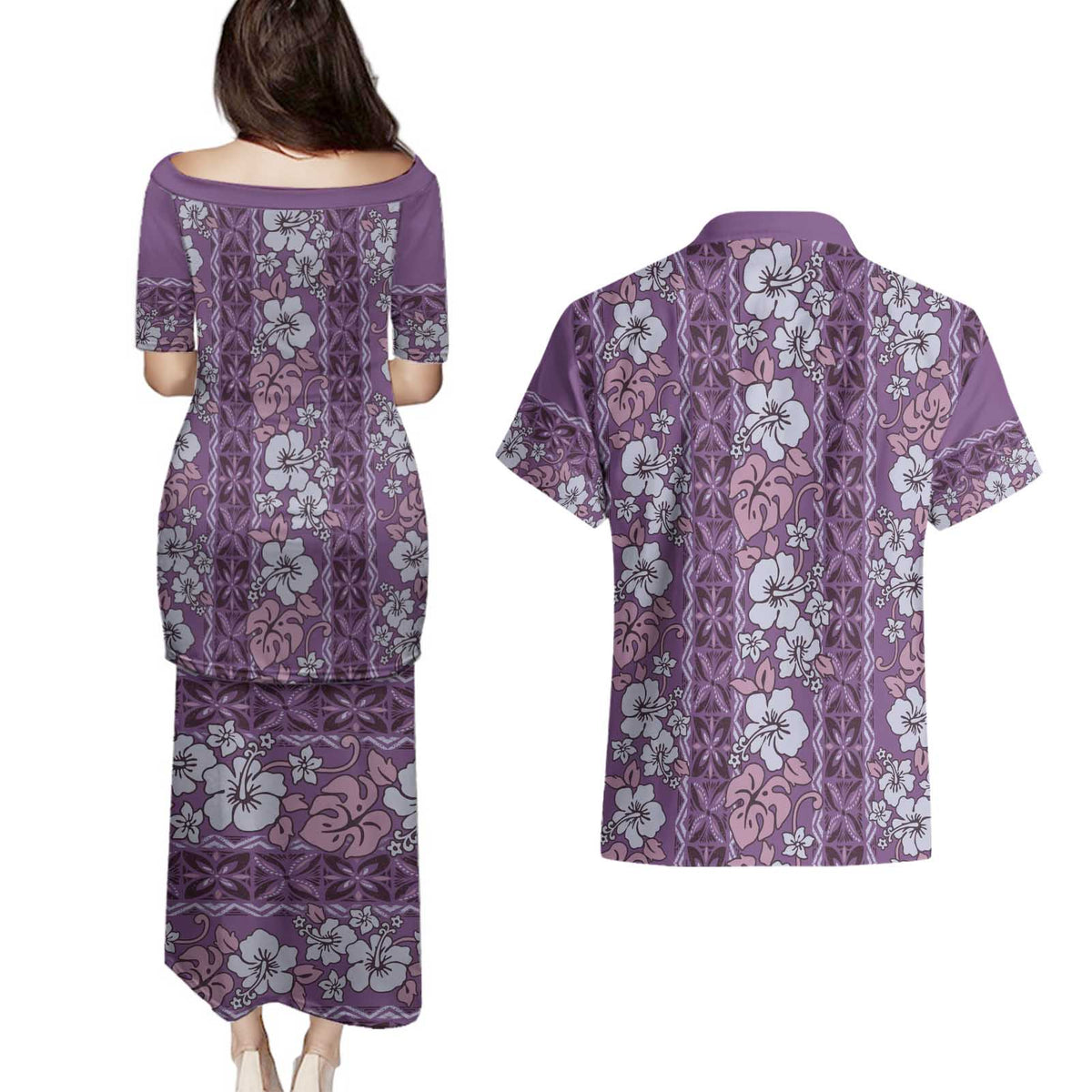 Hawaii Vintage Violet Hibiscus Tapa Pattern Couples Matching Puletasi and Hawaiian Shirt LT05 - Polynesian Pride