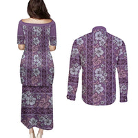 Hawaii Vintage Violet Hibiscus Tapa Pattern Couples Matching Puletasi and Long Sleeve Button Shirt LT05 - Polynesian Pride