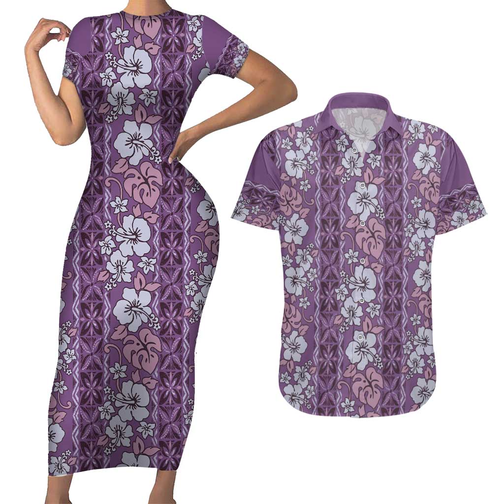 Hawaii Vintage Violet Hibiscus Tapa Pattern Couples Matching Short Sleeve Bodycon Dress and Hawaiian Shirt LT05 Violet - Polynesian Pride