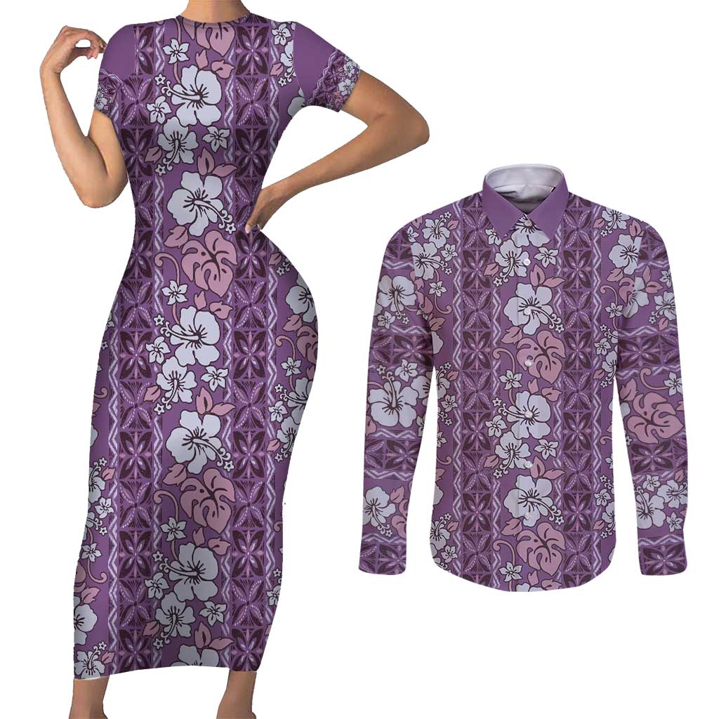 Hawaii Vintage Violet Hibiscus Tapa Pattern Couples Matching Short Sleeve Bodycon Dress and Long Sleeve Button Shirt LT05 Violet - Polynesian Pride
