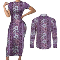 Hawaii Vintage Violet Hibiscus Tapa Pattern Couples Matching Short Sleeve Bodycon Dress and Long Sleeve Button Shirt LT05 Violet - Polynesian Pride