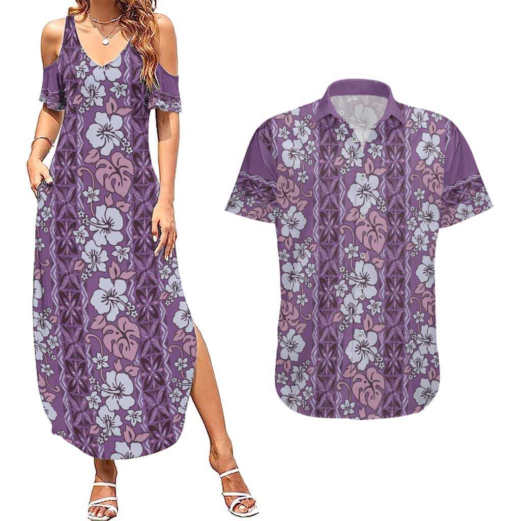 Hawaii Vintage Violet Hibiscus Tapa Pattern Couples Matching Summer Maxi Dress and Hawaiian Shirt LT05 Violet - Polynesian Pride