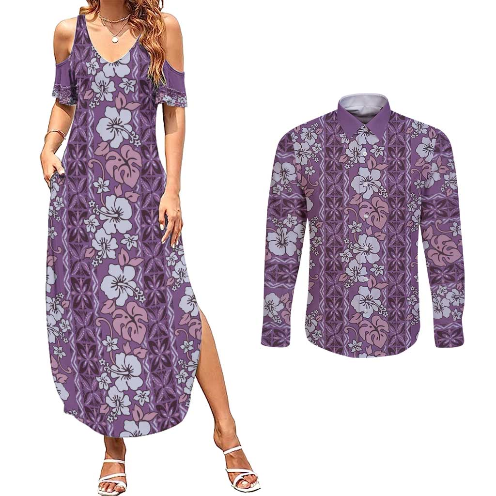 Hawaii Vintage Violet Hibiscus Tapa Pattern Couples Matching Summer Maxi Dress and Long Sleeve Button Shirt LT05 Violet - Polynesian Pride