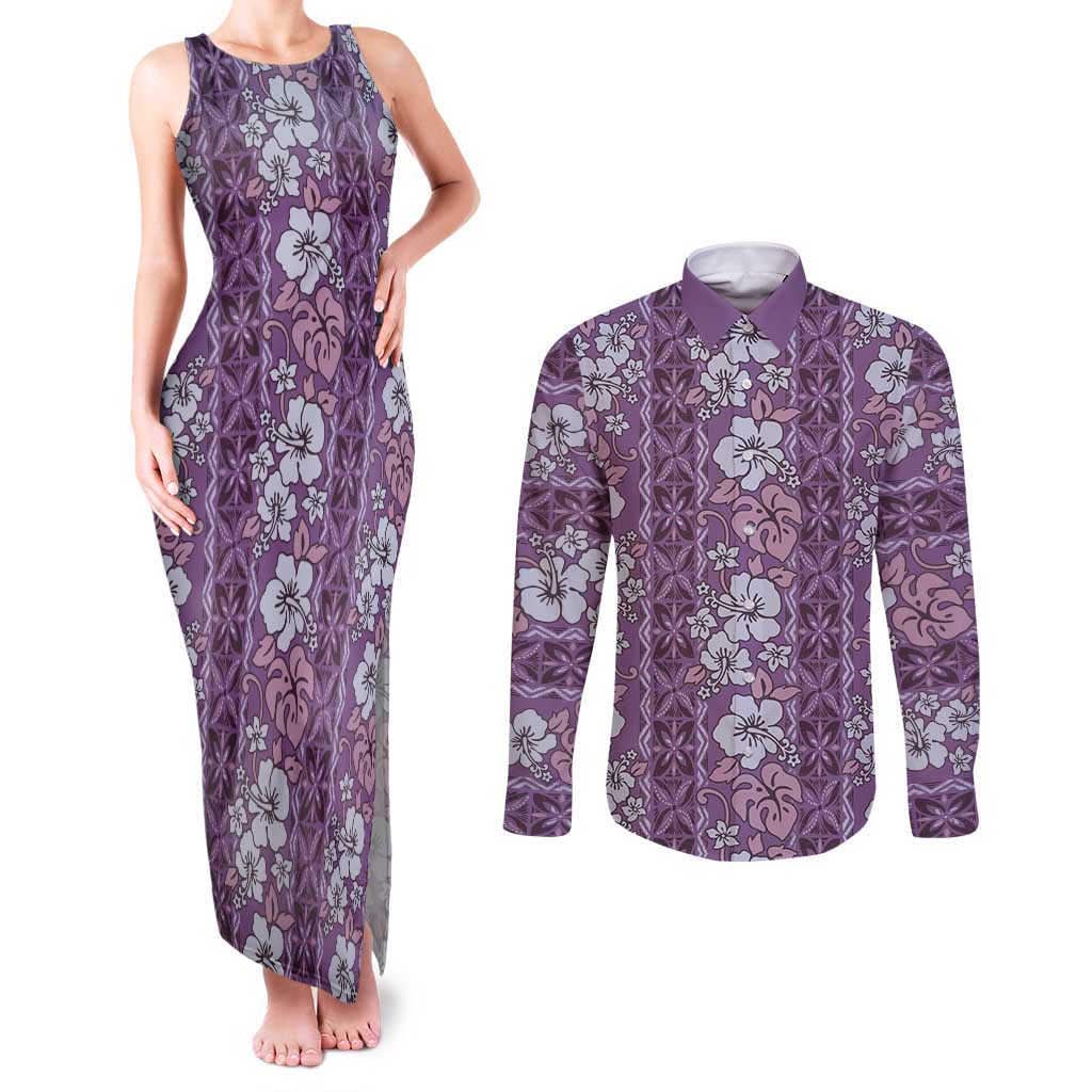 Hawaii Vintage Violet Hibiscus Tapa Pattern Couples Matching Tank Maxi Dress and Long Sleeve Button Shirt LT05 Violet - Polynesian Pride