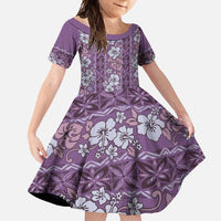 Hawaii Vintage Violet Hibiscus Tapa Pattern Family Matching Long Sleeve Bodycon Dress and Hawaiian Shirt