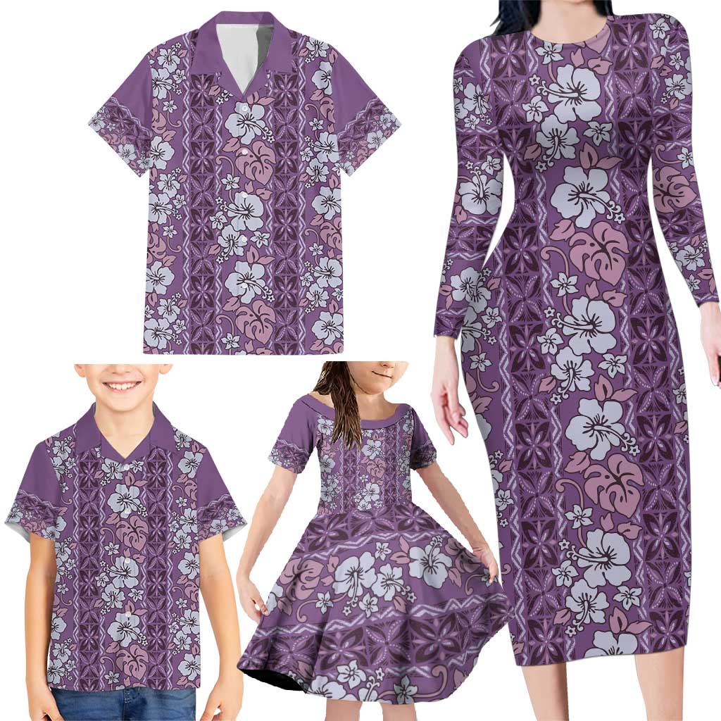 Hawaii Vintage Violet Hibiscus Tapa Pattern Family Matching Long Sleeve Bodycon Dress and Hawaiian Shirt