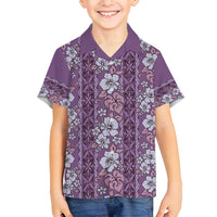 Hawaii Vintage Violet Hibiscus Tapa Pattern Family Matching Long Sleeve Bodycon Dress and Hawaiian Shirt