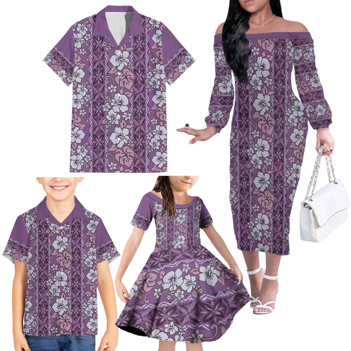 Hawaii Vintage Violet Hibiscus Tapa Pattern Family Matching Off The Shoulder Long Sleeve Dress and Hawaiian Shirt