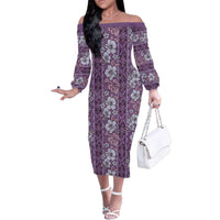 Hawaii Vintage Violet Hibiscus Tapa Pattern Family Matching Off The Shoulder Long Sleeve Dress and Hawaiian Shirt