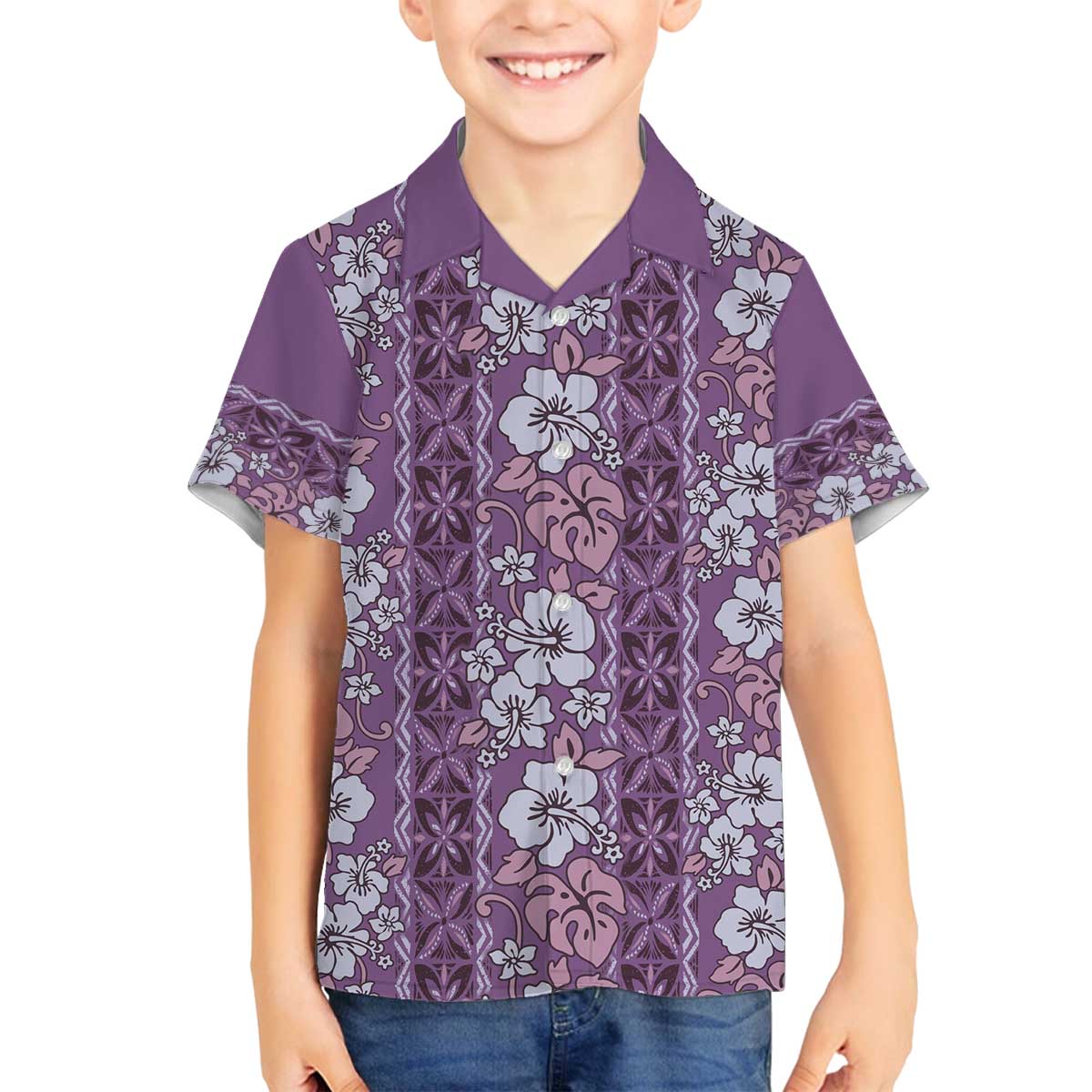 Hawaii Vintage Violet Hibiscus Tapa Pattern Family Matching Off The Shoulder Long Sleeve Dress and Hawaiian Shirt