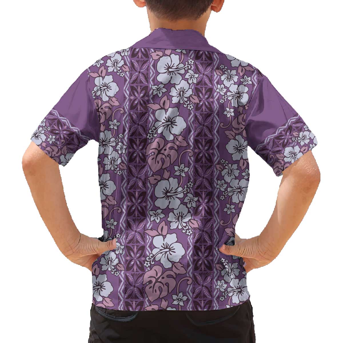 Hawaii Vintage Violet Hibiscus Tapa Pattern Family Matching Off Shoulder Short Dress and Hawaiian Shirt LT05 - Polynesian Pride