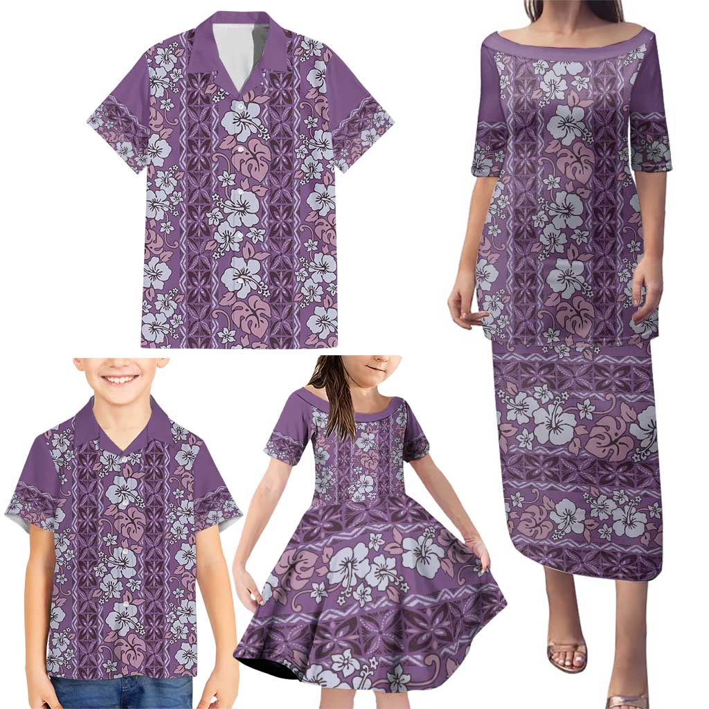 Hawaii Vintage Violet Hibiscus Tapa Pattern Family Matching Puletasi and Hawaiian Shirt LT05 - Polynesian Pride