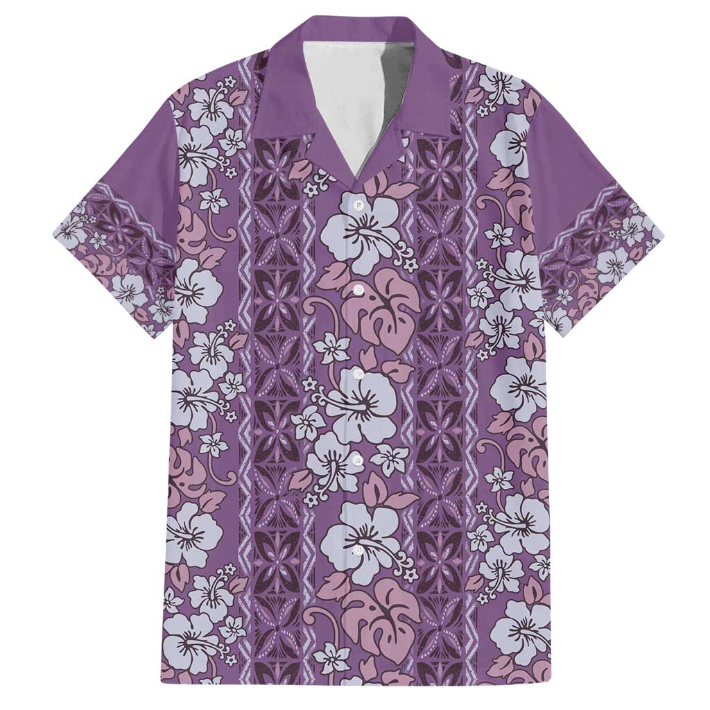 Hawaii Vintage Violet Hibiscus Tapa Pattern Family Matching Puletasi and Hawaiian Shirt LT05 Dad's Shirt - Short Sleeve Violet - Polynesian Pride
