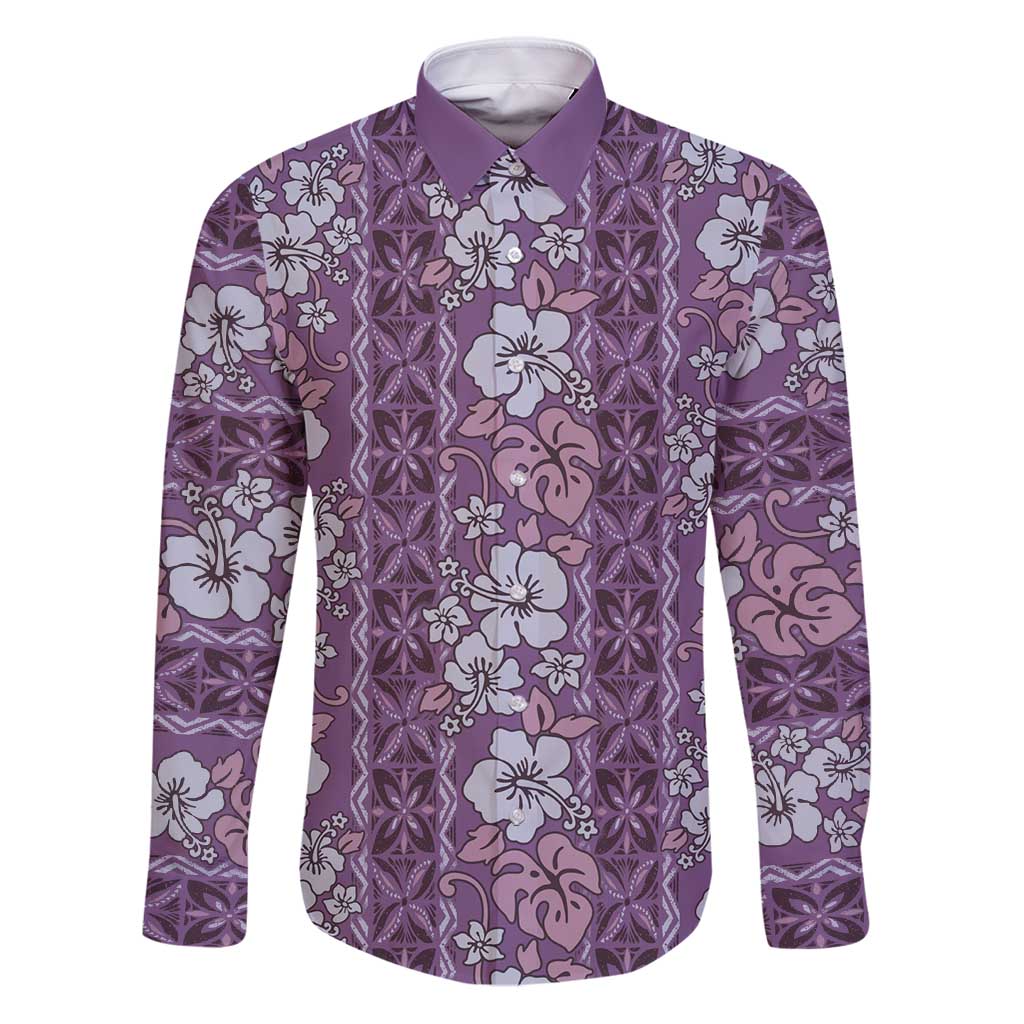 Hawaii Vintage Violet Hibiscus Tapa Pattern Family Matching Puletasi and Hawaiian Shirt LT05 Dad's Shirt - Long Sleeve Violet - Polynesian Pride