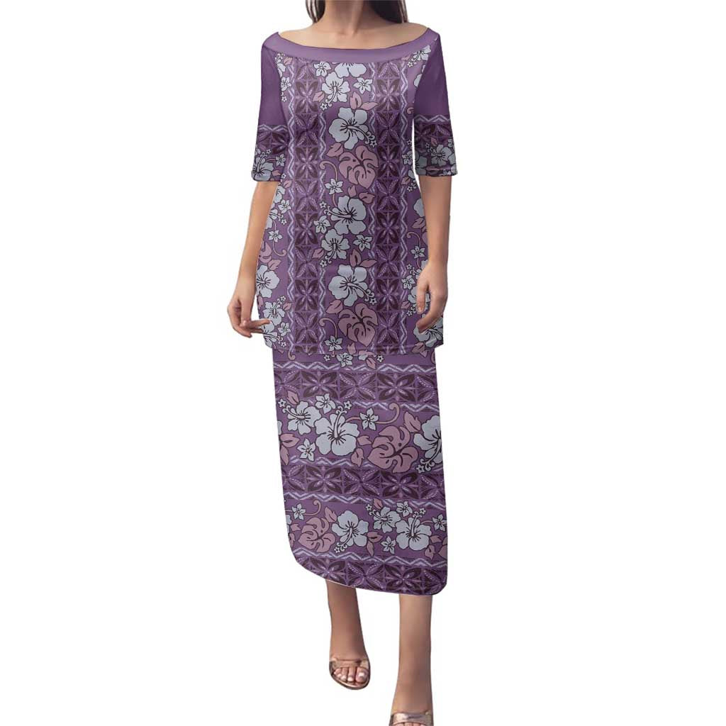 Hawaii Vintage Violet Hibiscus Tapa Pattern Family Matching Puletasi and Hawaiian Shirt LT05 Mom's Dress Violet - Polynesian Pride