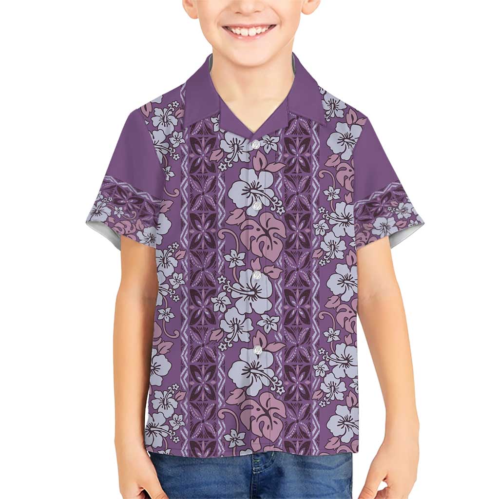 Hawaii Vintage Violet Hibiscus Tapa Pattern Family Matching Short Sleeve Bodycon Dress and Hawaiian Shirt