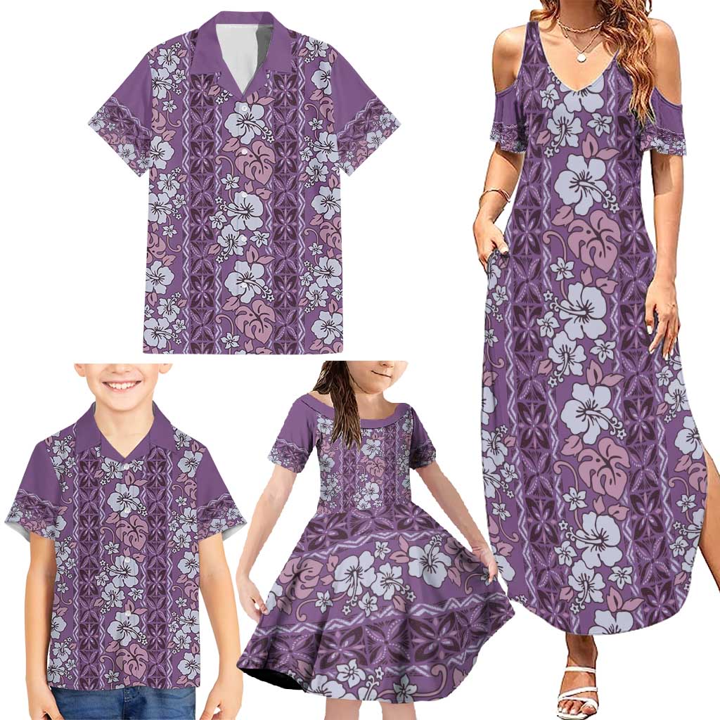 Hawaii Vintage Violet Hibiscus Tapa Pattern Family Matching Summer Maxi Dress and Hawaiian Shirt