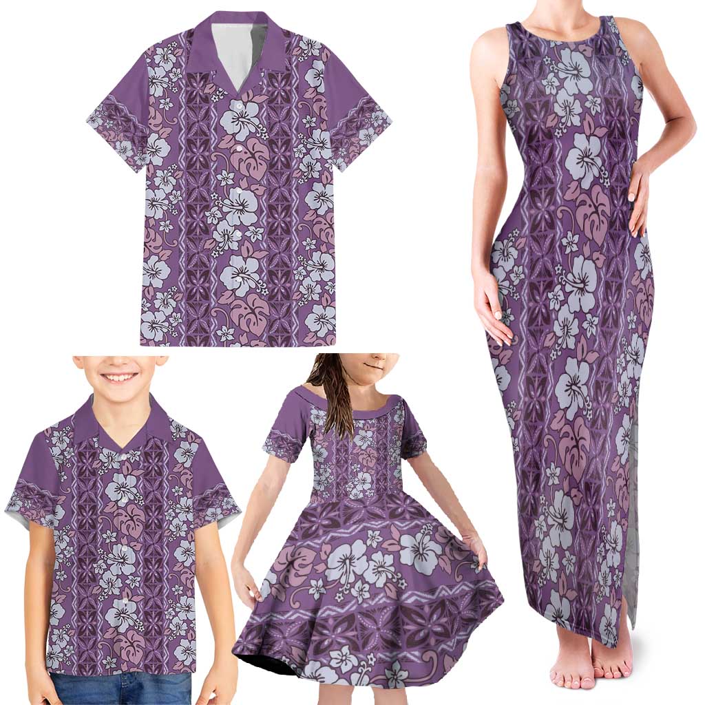 Hawaii Vintage Violet Hibiscus Tapa Pattern Family Matching Tank Maxi Dress and Hawaiian Shirt