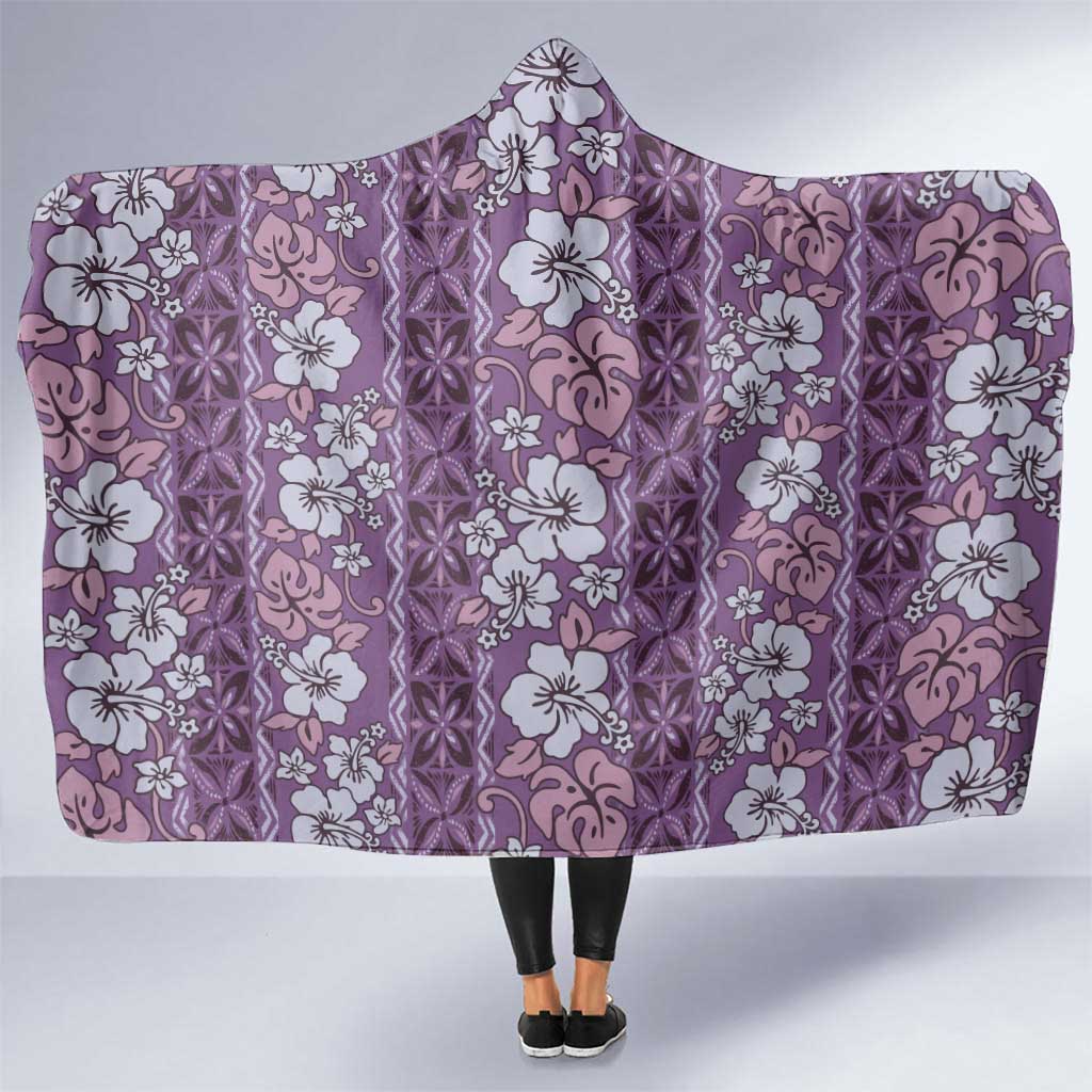 Hawaii Vintage Violet Hibiscus Tapa Pattern Hooded Blanket