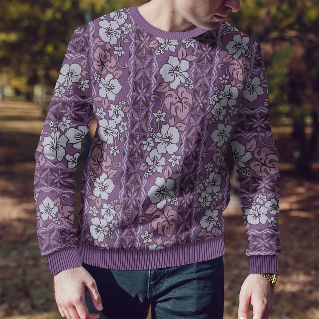 Hawaii Vintage Violet Hibiscus Tapa Pattern Ugly Christmas Sweater