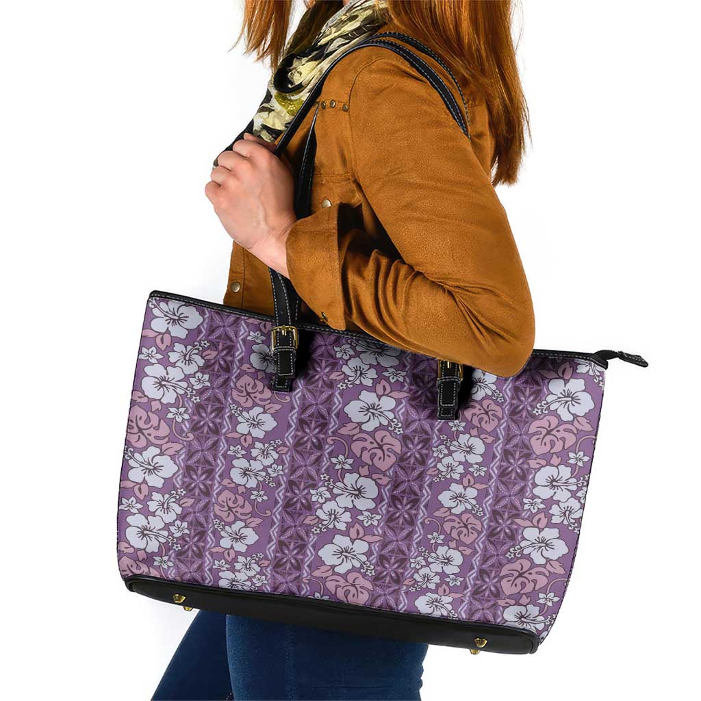 Hawaii Vintage Violet Hibiscus Tapa Pattern Leather Tote Bag LT05 Violet - Polynesian Pride
