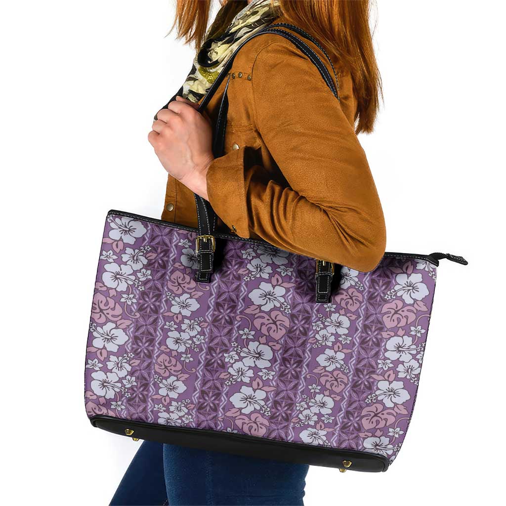 Hawaii Vintage Violet Hibiscus Tapa Pattern Leather Tote Bag