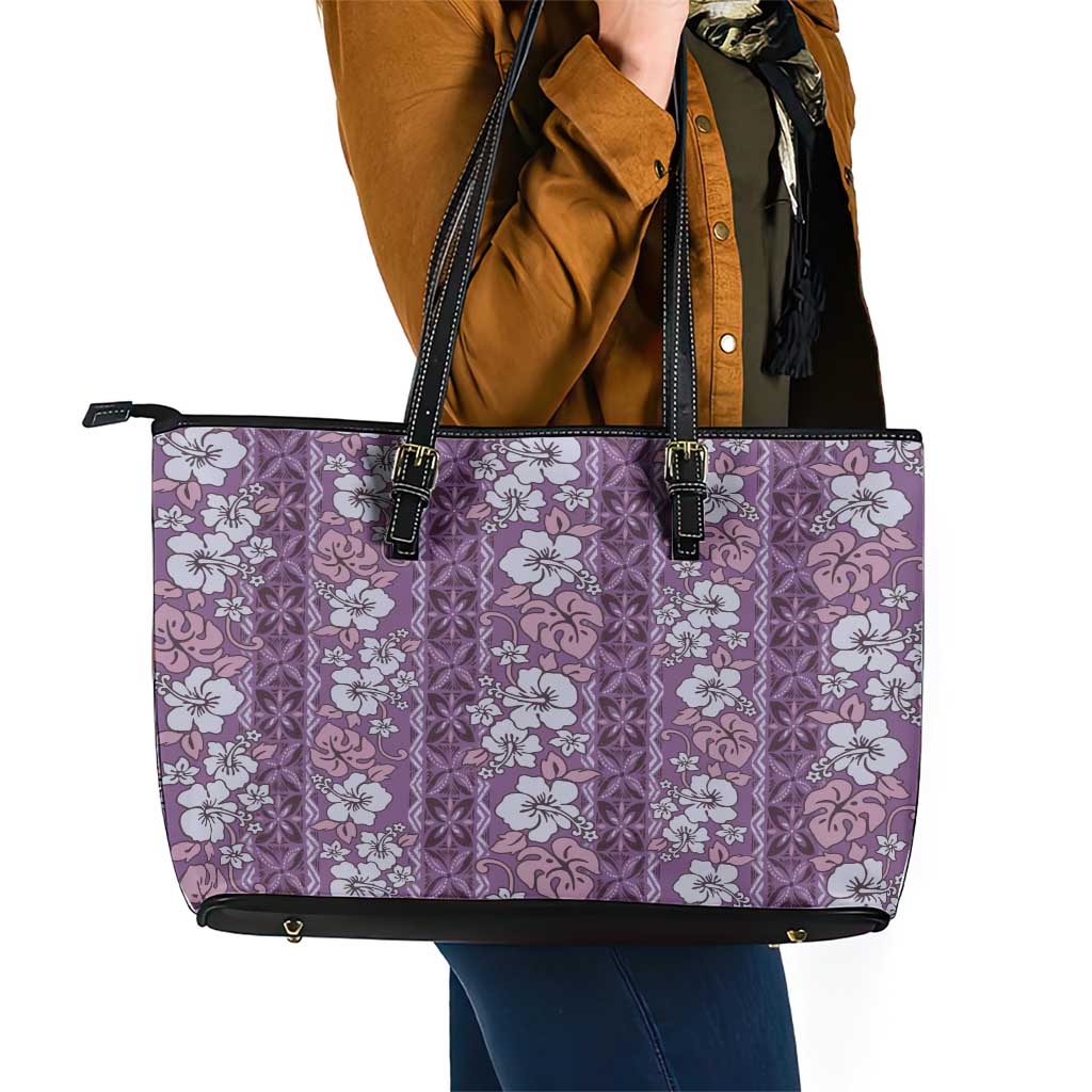 Hawaii Vintage Violet Hibiscus Tapa Pattern Leather Tote Bag LT05 - Polynesian Pride