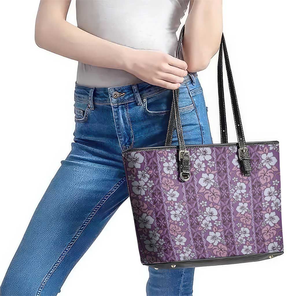 Hawaii Vintage Violet Hibiscus Tapa Pattern Leather Tote Bag LT05 - Polynesian Pride