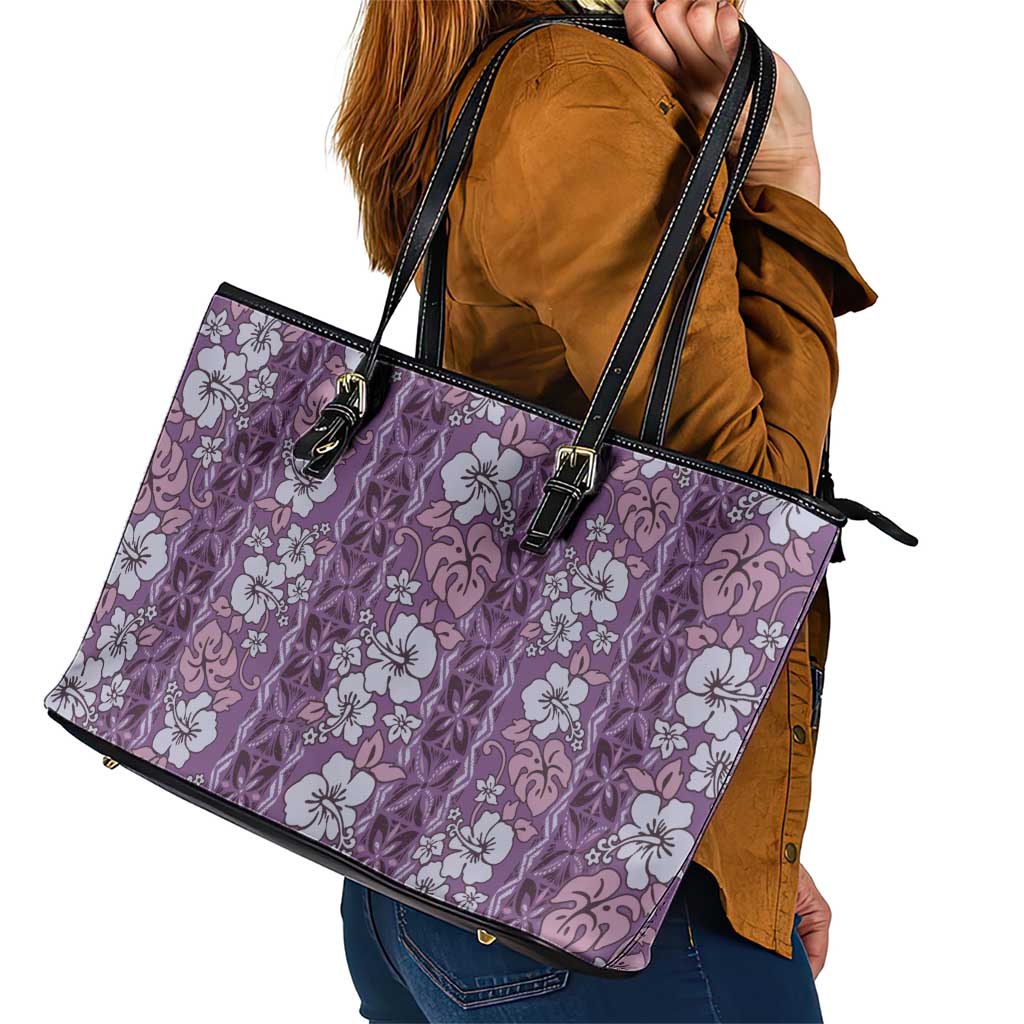 Hawaii Vintage Violet Hibiscus Tapa Pattern Leather Tote Bag LT05 - Polynesian Pride