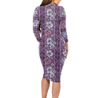 Hawaii Vintage Violet Hibiscus Tapa Pattern Long Sleeve Bodycon Dress