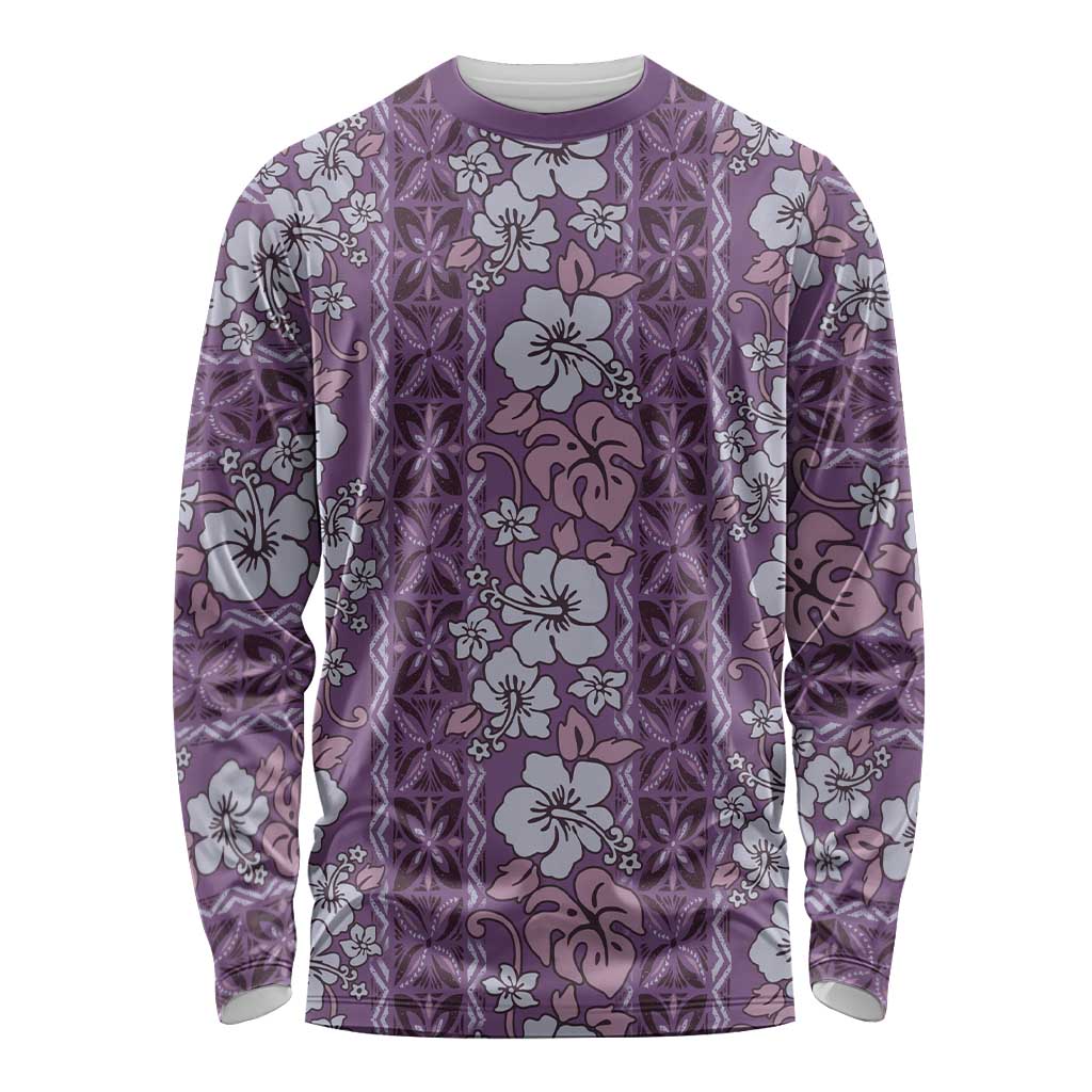 Hawaii Vintage Violet Hibiscus Tapa Pattern Long Sleeve Shirt