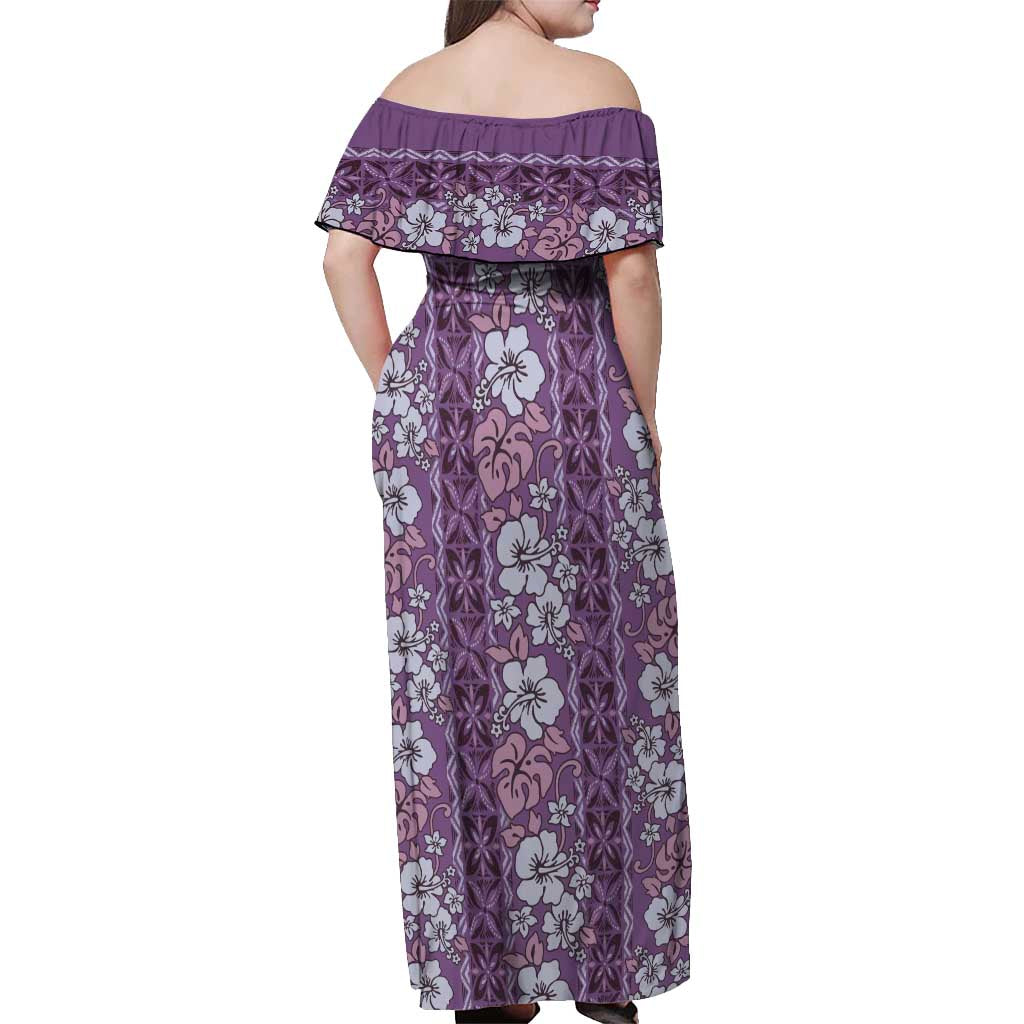 Hawaii Vintage Violet Hibiscus Tapa Pattern Off Shoulder Maxi Dress LT05 - Polynesian Pride