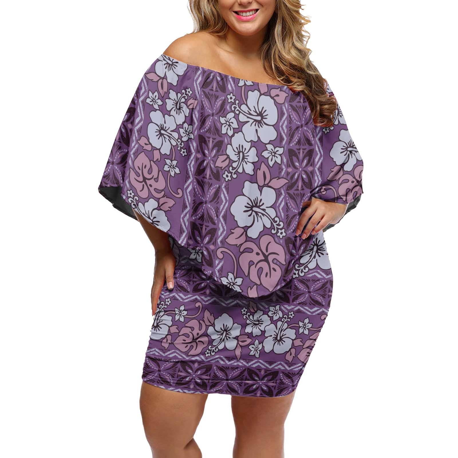 Hawaii Vintage Violet Hibiscus Tapa Pattern Off Shoulder Short Dress LT05 Women Violet - Polynesian Pride