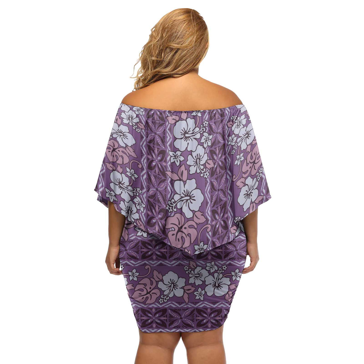 Hawaii Vintage Violet Hibiscus Tapa Pattern Off Shoulder Short Dress LT05 - Polynesian Pride