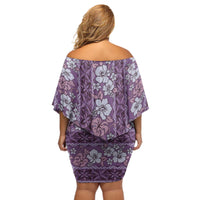 Hawaii Vintage Violet Hibiscus Tapa Pattern Off Shoulder Short Dress LT05 - Polynesian Pride