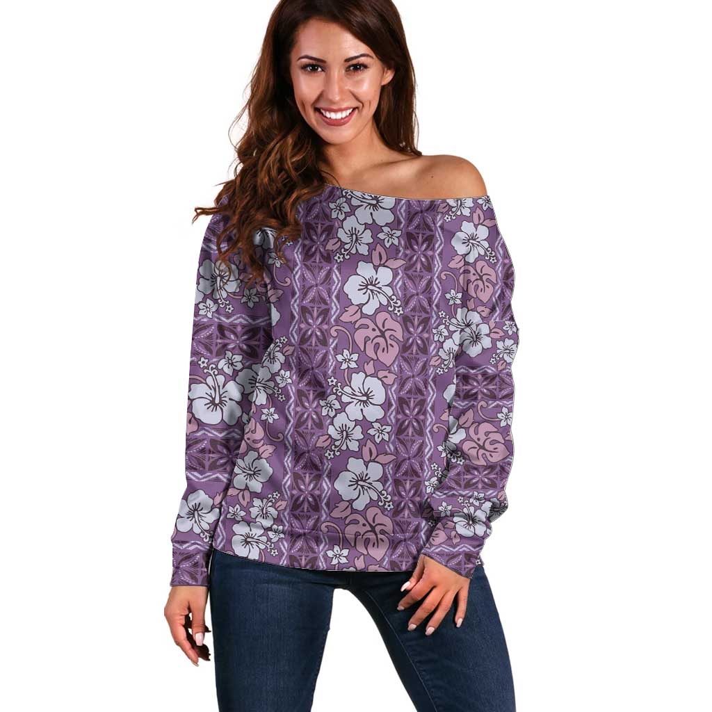 Hawaii Vintage Violet Hibiscus Tapa Pattern Off Shoulder Sweater