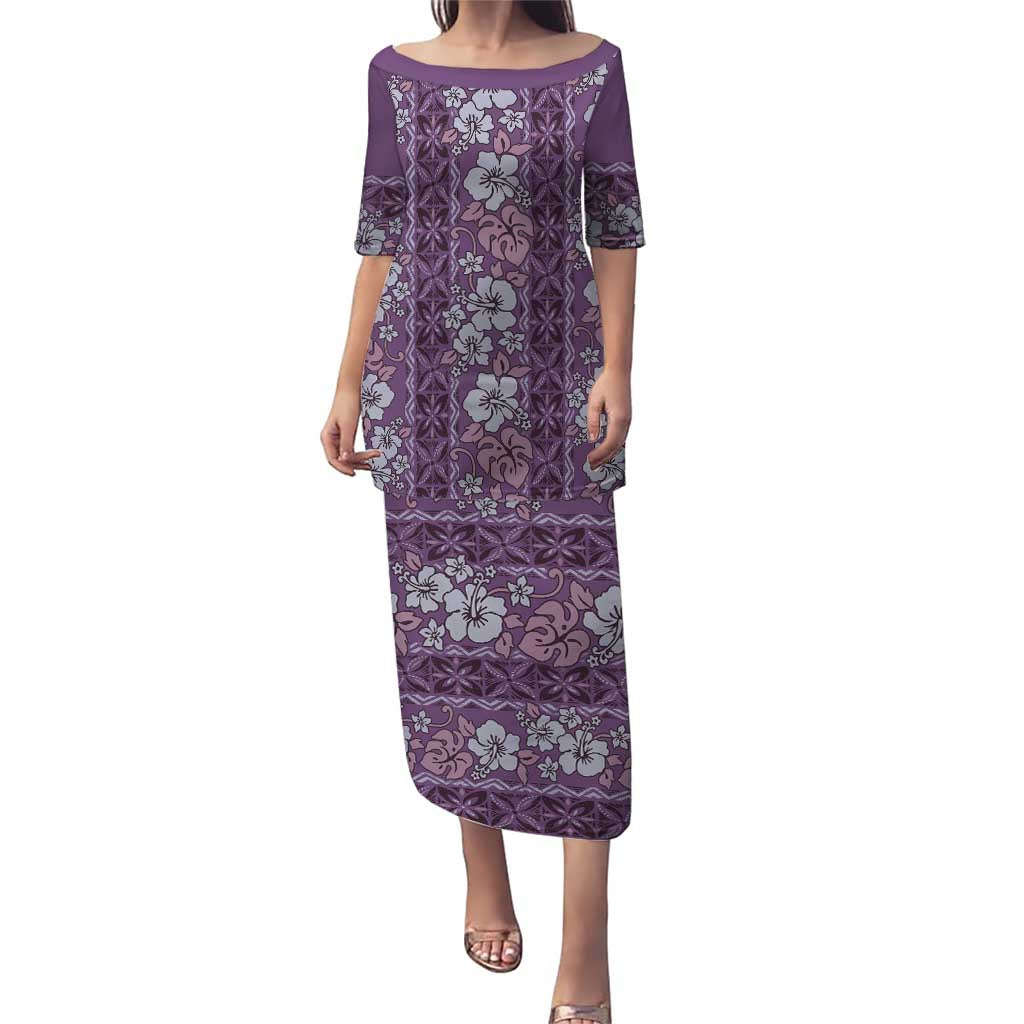 Hawaii Vintage Violet Hibiscus Tapa Pattern Puletasi LT05 Long Dress Violet - Polynesian Pride