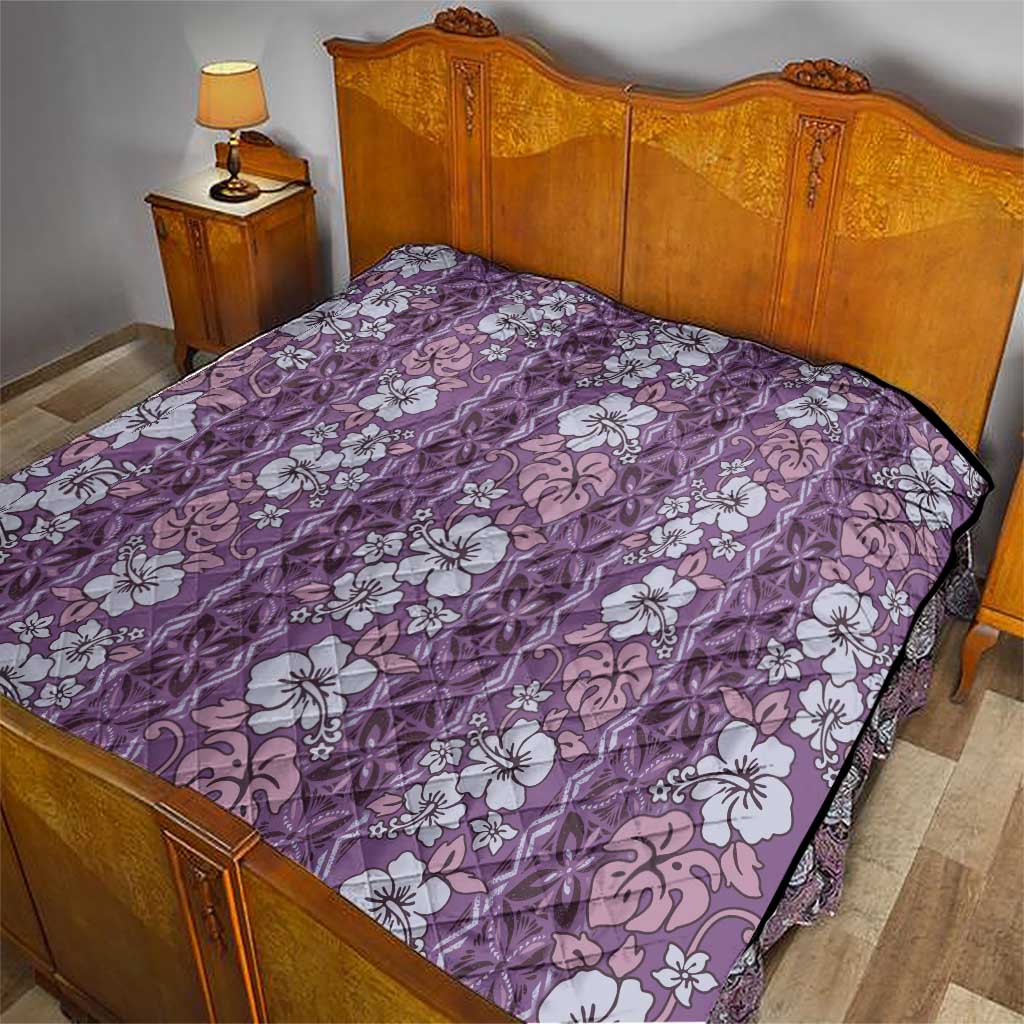 Hawaii Vintage Violet Hibiscus Tapa Pattern Quilt