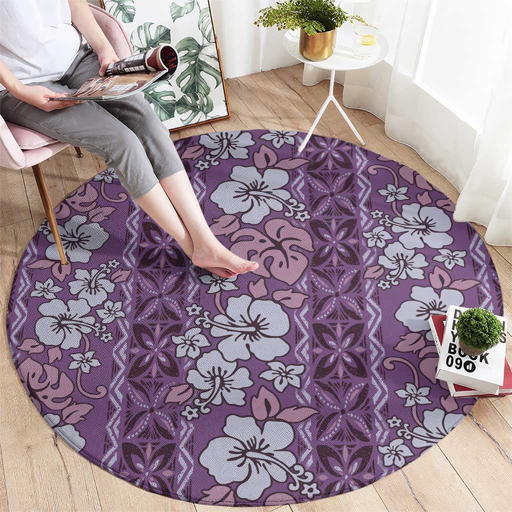 Hawaii Vintage Violet Hibiscus Tapa Pattern Round Carpet