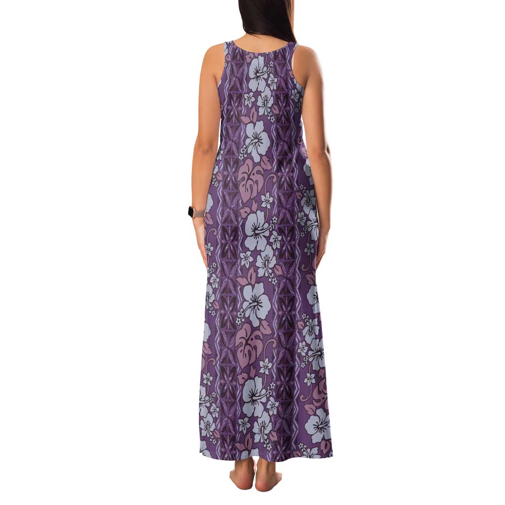 Hawaii Vintage Violet Hibiscus Tapa Pattern Tank Maxi Dress LT05 - Polynesian Pride