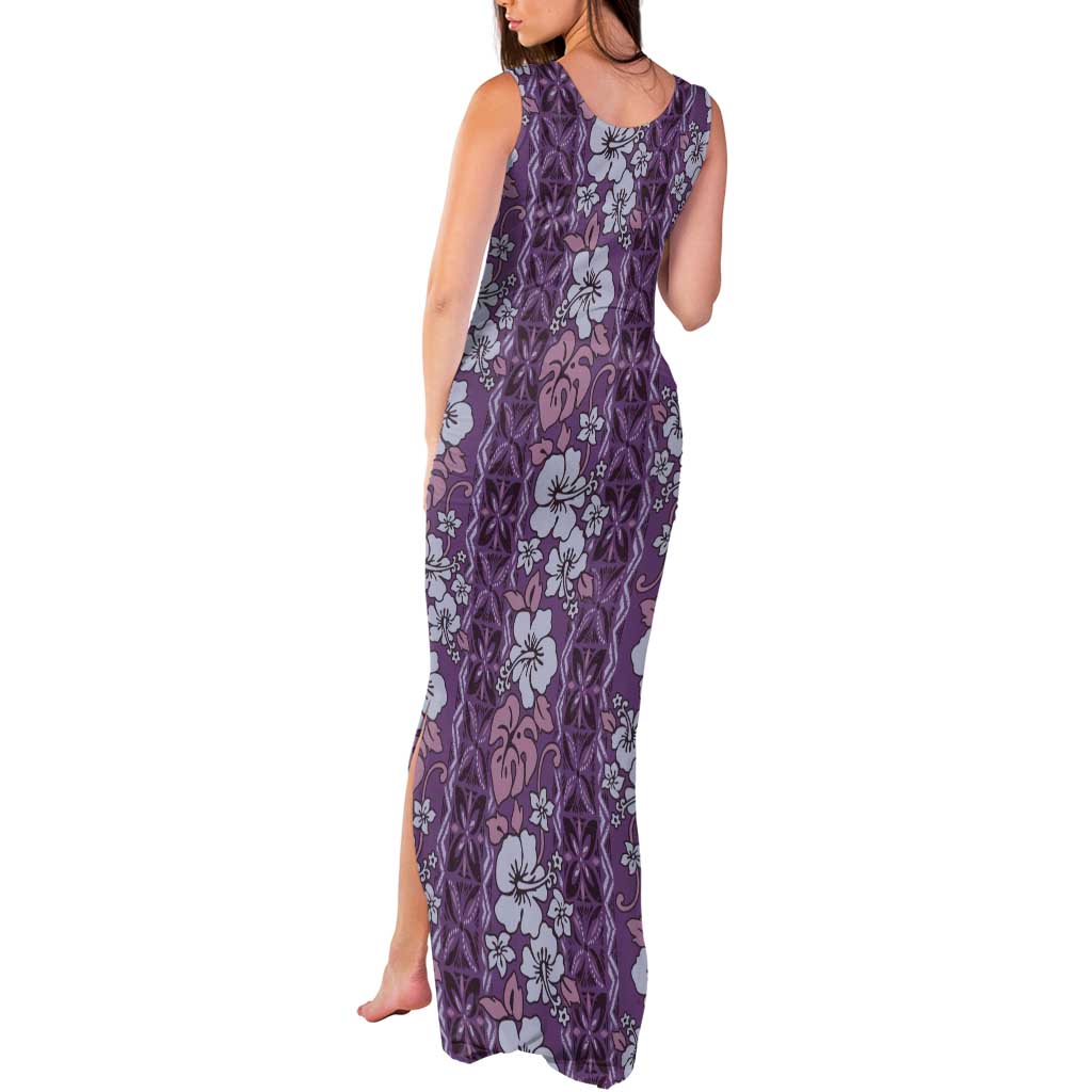 Hawaii Vintage Violet Hibiscus Tapa Pattern Tank Maxi Dress LT05 - Polynesian Pride