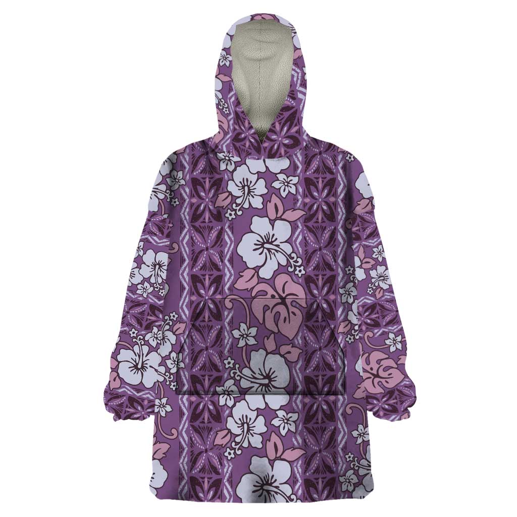 Hawaii Vintage Violet Hibiscus Tapa Pattern Wearable Blanket Hoodie